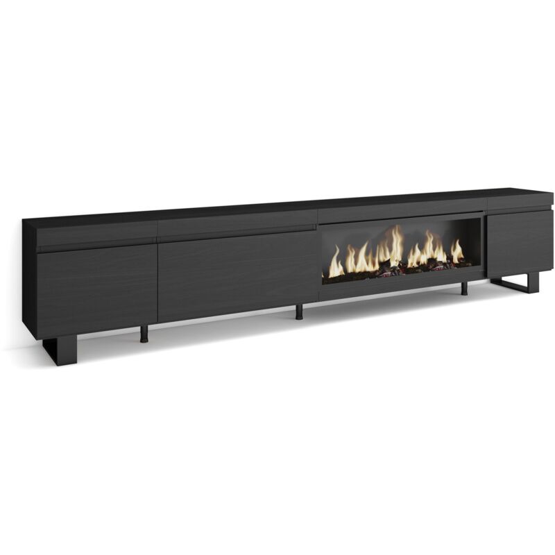 Skraut Home - Meuble tv, Banc Télé, Grand espace de Rangement, 288x57x35 cm, tv grand format, Cheminée électrique xxl, Design industriel, Style