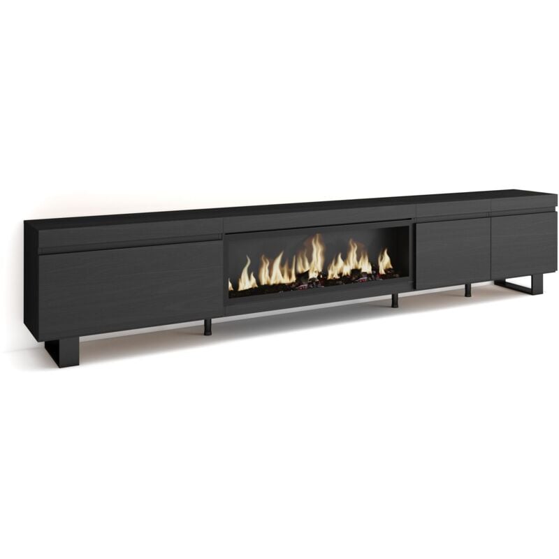 Skraut Home - Meuble tv, Banc Télé, Grand espace de Rangement, 288x57x35 cm, tv grand format, Cheminée électrique xxl, Design industriel, Style