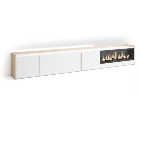 Skraut Home - Meuble TV, Banc Télé, Grand espace de Rangement, 315x35x50cm, Pour les TV jusqu'à 80", Cheminée électrique XXL, LED, Style moderne, Blanc et Chêne Soft