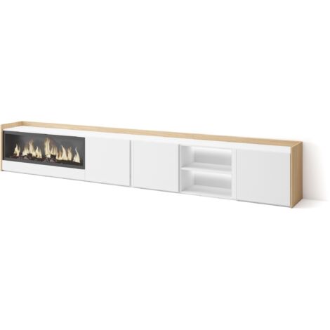 Skraut Home - Meuble TV, Banc Télé, Grand espace de Rangement, 315x35x50cm, Pour les TV jusqu'à 80", Cheminée électrique XXL, LED, Style moderne, Blanc et Chêne Soft
