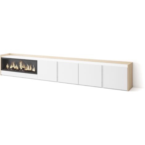 Skraut Home - Meuble TV, Banc Télé, Grand espace de Rangement, 315x35x50cm, Pour les TV jusqu'à 80", Cheminée électrique XXL, Style moderne, Blanc et Chêne Soft