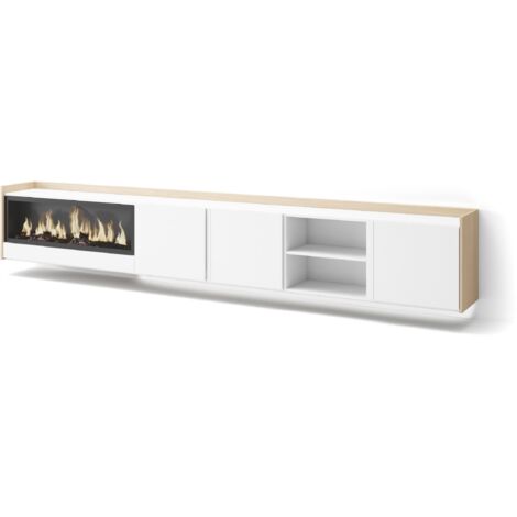 Skraut Home - Meuble TV, Banc Télé, Grand espace de Rangement, 315x35x50cm, Pour les TV jusqu'à 80", Cheminée électrique XXL, Suspendu, Mural, LED, Style moderne, Blanc et Chêne Soft