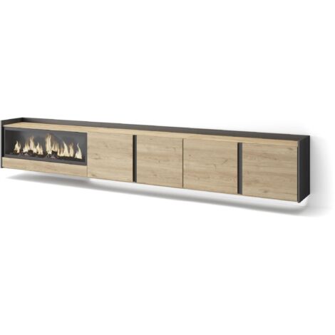 Skraut Home - Meuble TV, Banc Télé, Grand espace de Rangement, 315x35x50cm, Pour les TV jusqu'à 80", Cheminée électrique XXL, Suspendu, Mural, LED, Style moderne, Chêne et noir