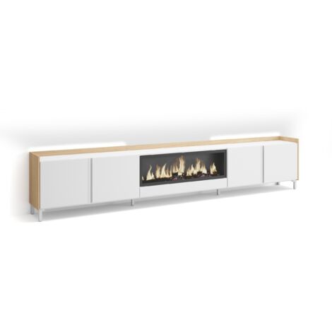 Skraut Home - Meuble TV, Banc Télé, Grand espace de Rangement, 315x35x61cm, Pour les TV jusqu'à 80", Cheminée électrique XXL, Design industriel, LED, Style moderne, Blanc et Chêne Soft