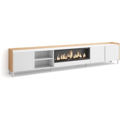 Skraut Home - Meuble TV, Banc Télé, Grand espace de Rangement, 315x35x61cm, Pour les TV jusqu'à 80", Cheminée électrique XXL, Design industriel, Style moderne, Blanc et Chêne Soft