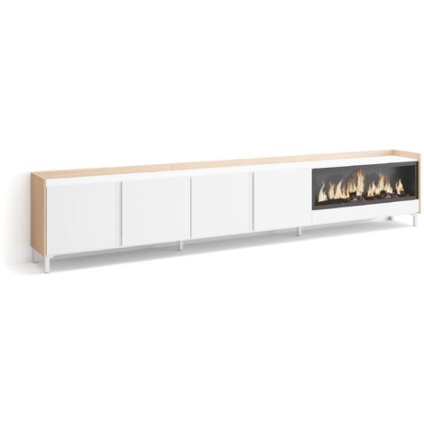 Skraut Home - Meuble TV, Banc Télé, Grand espace de Rangement, 315x35x61cm, Pour les TV jusqu'à 80", Cheminée électrique XXL, Design industriel, Style moderne, Blanc et Chêne Soft