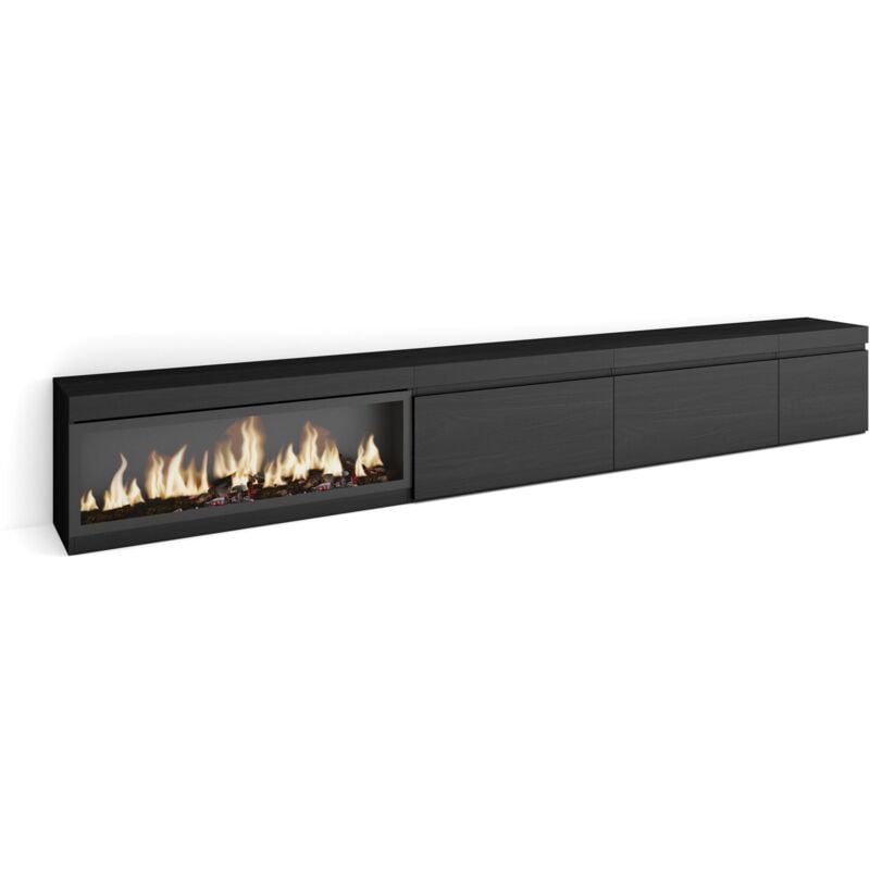 Meuble tv, Banc Télé, Grand espace de Rangement, 317x45x35 cm, Cheminée électrique xxl, Style moderne, Noir - Skraut Home
