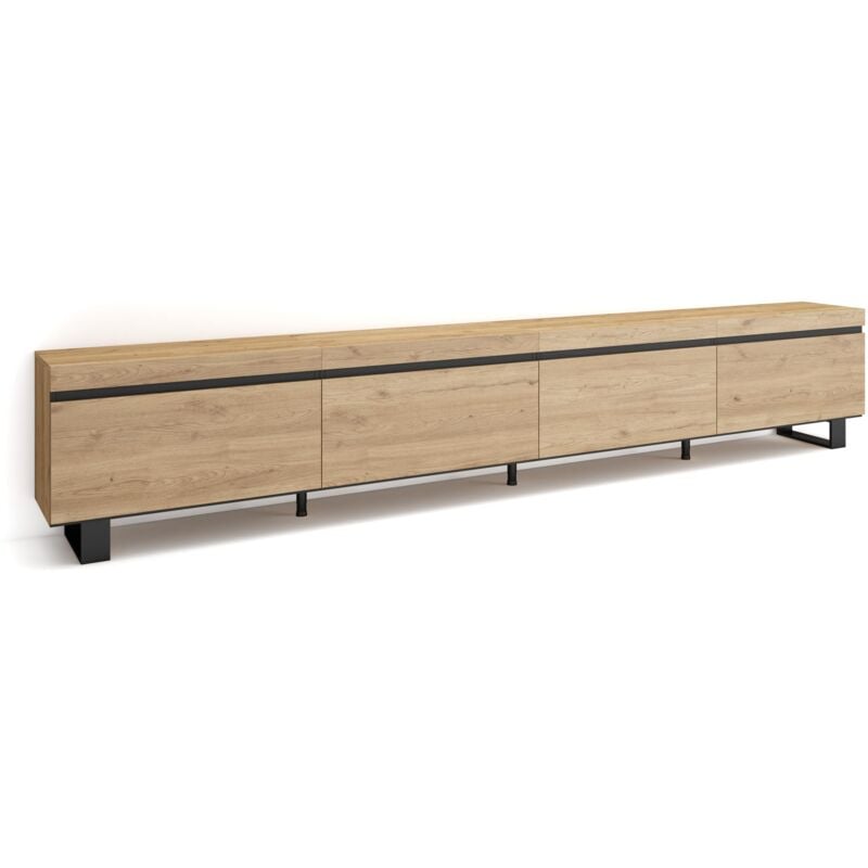 Skraut Home - Meuble TV, Banc Télé, Grand espace de Rangement, 320x57x35 cm, TV grand format, Design industriel, Style moderne, Chêne