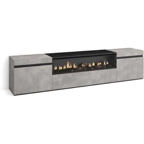Skraut Home – Meuble TV moderne avec cheminée électrique – Dimensions 200x45x35cm – Pour TV jusqu'à 80' – Grand espace de rangement – Gris ciment