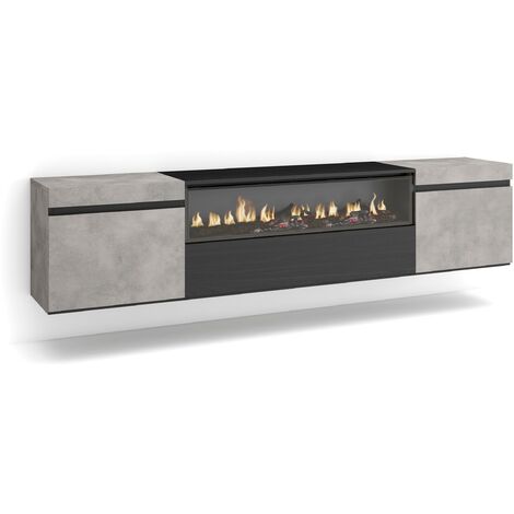 Skraut Home – Meuble TV suspendu mural 102x45x35cm – Cheminée électrique LED 3D – Pour TV jusqu'à 80' – Rangement moderne gris ciment