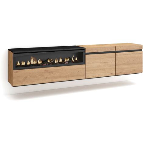 Skraut Home – Meuble TV suspendu mural avec cheminée électrique – Grand espace de rangement 200x35x45cm – Chêne et noir – Pour TV jusqu'à 80"