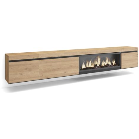 Skraut Home – Meuble TV suspendu mural avec cheminée électrique LED – Chêne et noir – 288x45x35 cm – Grand espace de rangement – Style moderne