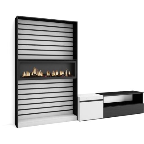 Skraut Home - Mobile Soggiorno TV, Parete Attrezzata Soggiorno, 260x186x35cm, Per TV fino a 65", Camino elettrico, Stile moderno, Bianco e nero