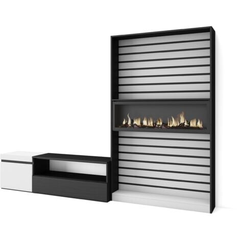 Skraut Home - Mobile Soggiorno TV, Parete Attrezzata Soggiorno, 260x186x35cm, Per TV fino a 65", Camino elettrico, Stile moderno, Bianco e nero