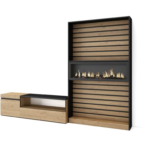 Skraut Home - Mobile Soggiorno TV, Parete Attrezzata Soggiorno, 260x186x35cm, Per TV fino a 65", Camino elettrico, Stile moderno, Rovere e nero