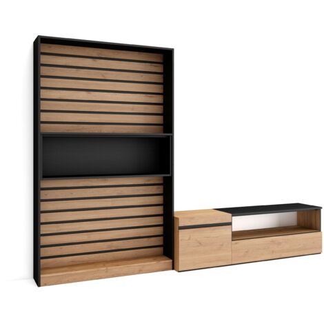 Skraut Home - Mobile Soggiorno TV, Parete Attrezzata Soggiorno, 260x186x35cm, Per TV fino a 65", Set di mobili, Stile moderno, Rovere e nero