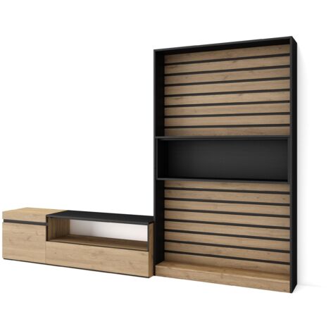Skraut Home - Mobile Soggiorno TV, Parete Attrezzata Soggiorno, 260x186x35cm, Per TV fino a 65", Set di mobili, Stile moderno, Rovere e nero