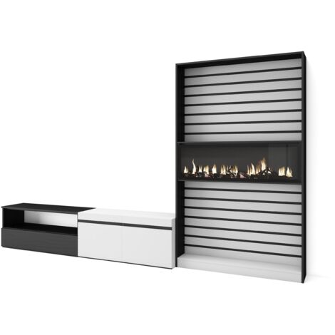 Skraut Home - Mobile Soggiorno TV, Parete Attrezzata Soggiorno, 310x186x35cm, Per TV fino a 80", Camino elettrico, Stile moderno, Bianco e nero