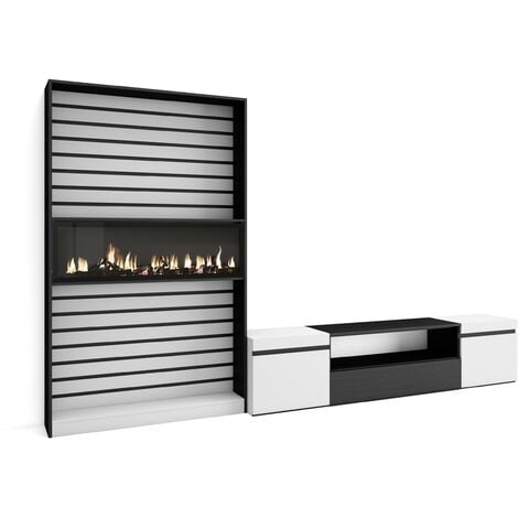 Skraut Home - Mobile Soggiorno TV, Parete Attrezzata Soggiorno, 310x186x35cm, Per TV fino a 80", Camino elettrico, Stile moderno, Bianco e nero