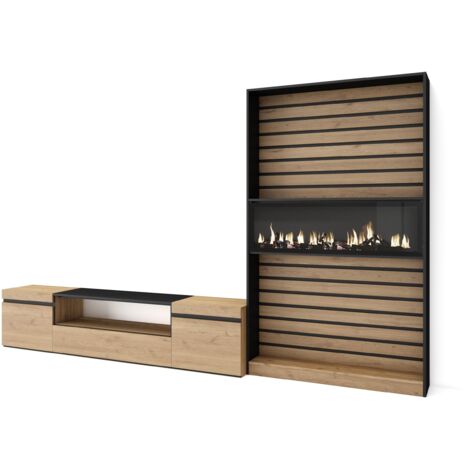 Skraut Home - Mobile Soggiorno TV, Parete Attrezzata Soggiorno, 310x186x35cm, Per TV fino a 80", Camino elettrico, Stile moderno, Rovere e nero