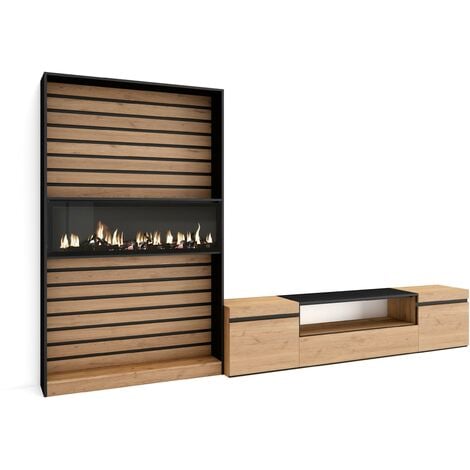 Skraut Home - Mobile Soggiorno TV, Parete Attrezzata Soggiorno, 310x186x35cm, Per TV fino a 80", Camino elettrico, Stile moderno, Rovere e nero