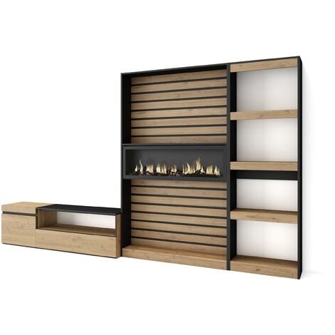 Skraut Home - Mobile Soggiorno TV, Parete Attrezzata Soggiorno, 320x186x35cm, Camino elettrico, Stile moderno, Rovere e nero