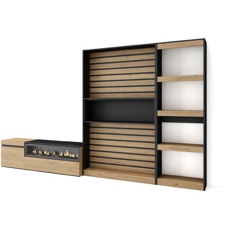 Skraut Home - Mobile Soggiorno TV, Parete Attrezzata Soggiorno, 320x186x35cm, Camino elettrico, Stile moderno, Rovere e nero