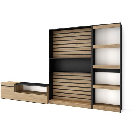 Skraut Home - Mobile Soggiorno TV, Parete Attrezzata Soggiorno, 320x186x35cm, Set di mobili, Stile moderno, Rovere e nero