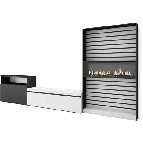 Skraut Home - Mobile Soggiorno TV, Parete Attrezzata Soggiorno, 360x186x35cm, Per TV fino a 65", Camino elettrico, Stile moderno, Bianco e nero