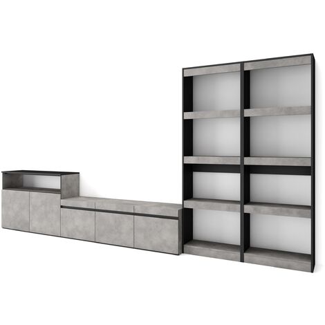 Skraut Home - Mobile Soggiorno TV, Parete Attrezzata Soggiorno, 370x186x35cm, Per TV fino a 65", Set di mobili, Stile moderno, Grigio Cemento