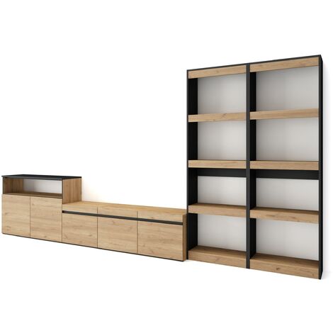 Skraut Home - Mobile Soggiorno TV, Parete Attrezzata Soggiorno, 370x186x35cm, Per TV fino a 65", Set di mobili, Stile moderno, Rovere e nero