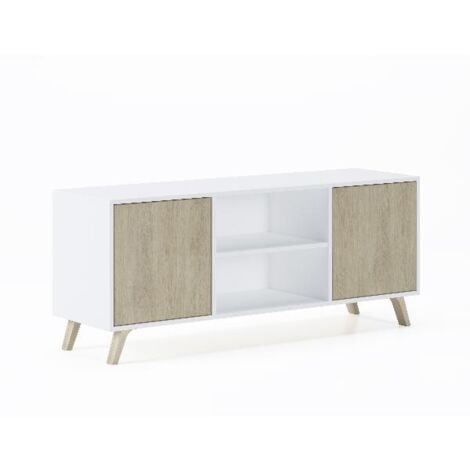 Skraut Home - Mobile TV 140 a 2 porte, soggiorno, modello WIND, colore Bianco e Rovere, 137x40x57cm
