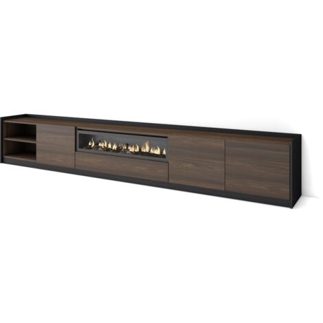 Skraut Home - Mobile TV Soggiorno, 310x37x50cm, Per TV fino a 80", Camino elettrico, Rovere scuro e Nero