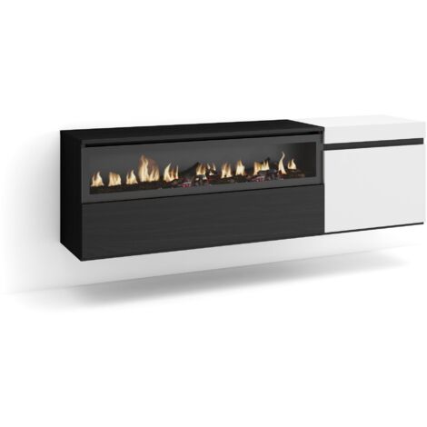 Skraut Home - Mobile TV Soggiorno, Ampio spazio a disposizione, 150x45x35cm, Per TV fino a 65", Camino elettrico, Sospeso, da appendere, Stile moderno, Bianco e nero