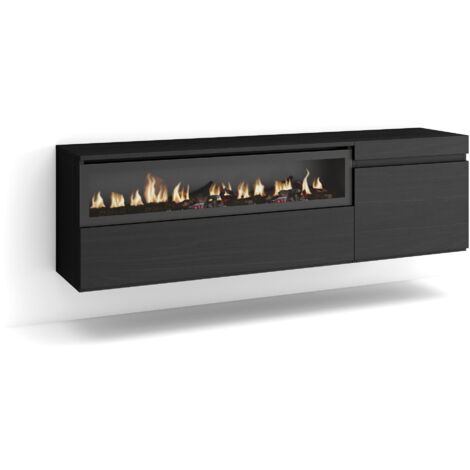Skraut Home - Mobile TV Soggiorno, Ampio spazio a disposizione, 150x45x35cm, Per TV fino a 65", Camino elettrico, Sospeso, da appendere, Stile moderno, Nero