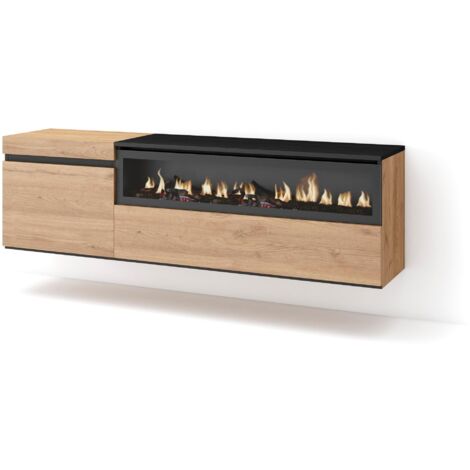 Skraut Home - Mobile TV Soggiorno, Ampio spazio a disposizione, 150x45x35cm, Per TV fino a 65", Camino elettrico, Sospeso, da appendere, Stile moderno, Rovere e nero