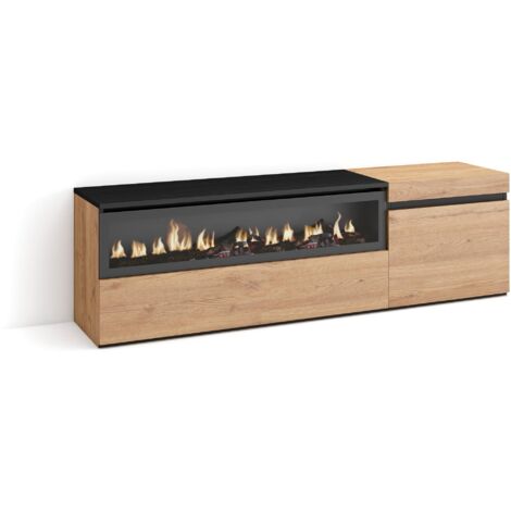 Skraut Home - Mobile TV Soggiorno, Ampio spazio a disposizione, 150x45x35cm, Per TV fino a 65", Camino elettrico, Stile moderno, Rovere e nero