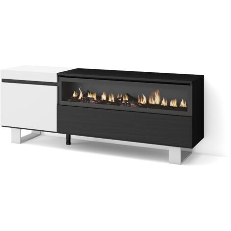 Skraut Home - Mobile TV Soggiorno, Ampio spazio a disposizione, 150x57x35cm, Per TV fino a 65", Camino elettrico, Design industriale, Stile moderno, Bianco e nero