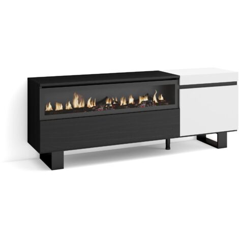 Skraut Home - Mobile TV Soggiorno, Ampio spazio a disposizione, 150x57x35cm, Per TV fino a 65", Camino elettrico, Design industriale, Stile moderno, Bianco e nero