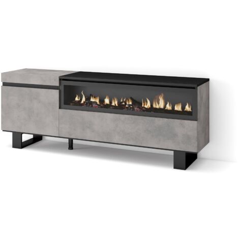 Skraut Home - Mobile TV Soggiorno, Ampio spazio a disposizione, 150x57x35cm, Per TV fino a 65", Camino elettrico, Design industriale, Stile moderno, Grigio Cemento