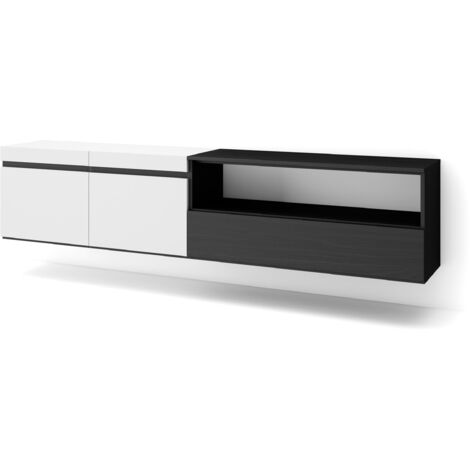 Skraut Home - Mobile TV Soggiorno, Ampio spazio a disposizione, 200x45x35cm, Per TV fino a 80", Sospeso, da appendere, Stile moderno, Bianco e nero