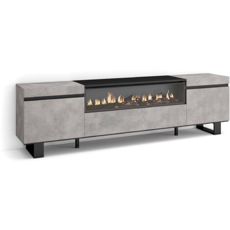 Skraut Home - Mobile TV Soggiorno, Ampio spazio a disposizione, 200x57x35cm, Per TV fino a 80", Camino elettrico, Design industriale, Stile moderno, Grigio Cemento