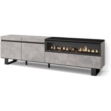 Skraut Home - Mobile TV Soggiorno, Ampio spazio a disposizione, 200x57x35cm, Per TV fino a 80", Camino elettrico, Design industriale, Stile moderno, Grigio Cemento