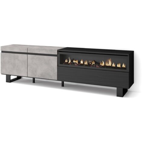 Skraut Home - Mobile TV Soggiorno, Ampio spazio a disposizione, 200x57x35cm, Per TV fino a 80", Camino elettrico, Design industriale, Stile moderno, Grigio Cemento