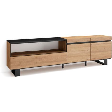 Skraut Home - Mobile TV Soggiorno, Ampio spazio a disposizione, 200x57x35cm, Per TV fino a 80", Design industriale, Stile moderno, Rovere e nero