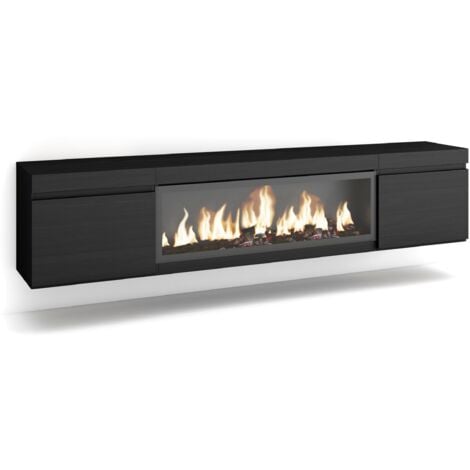 Skraut Home - Mobile TV Soggiorno, Ampio spazio a disposizione, 210, Per TV fino a 80", Camino elettrico XXL, Sospeso, da appendere, Stile moderno, Nero