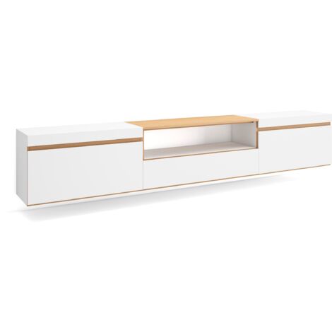 Skraut Home - Mobile TV Soggiorno, Ampio spazio a disposizione, 260x35x45cm, TV di grande formato, Sospeso, da appendere, Stile moderno, Bianco e Rovere soft
