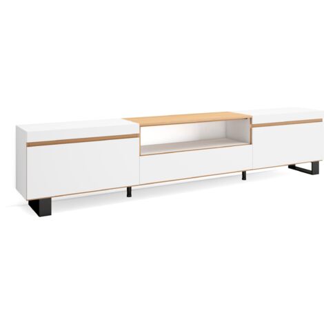 Skraut Home - Mobile TV Soggiorno, Ampio spazio a disposizione, 260x35x57 cm, TV di grande formato, Design industriale, Stile moderno, Bianco e Rovere soft