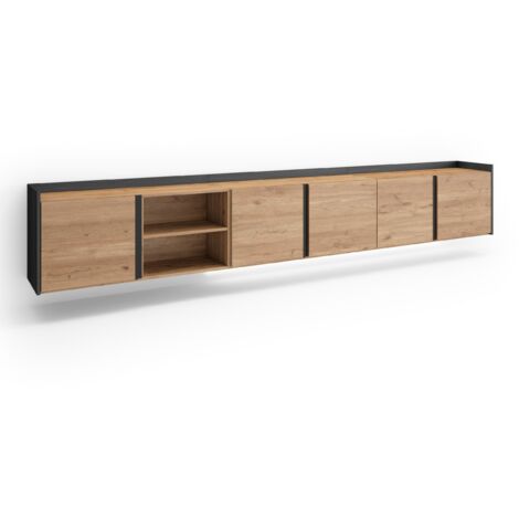 Skraut Home - Mobile TV Soggiorno, Ampio spazio a disposizione, 309x35x50cm, Per TV fino a 80", Sospeso, da appendere, LED, Stile moderno, Rovere e nero