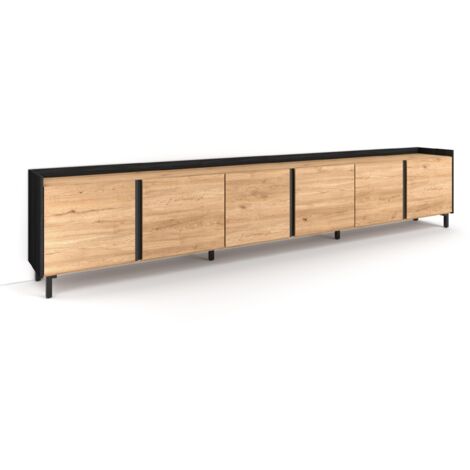 Skraut Home - Mobile TV Soggiorno, Ampio spazio a disposizione, 309x35x61cm, Per TV fino a 80", Design industriale, Stile moderno, Rovere e nero